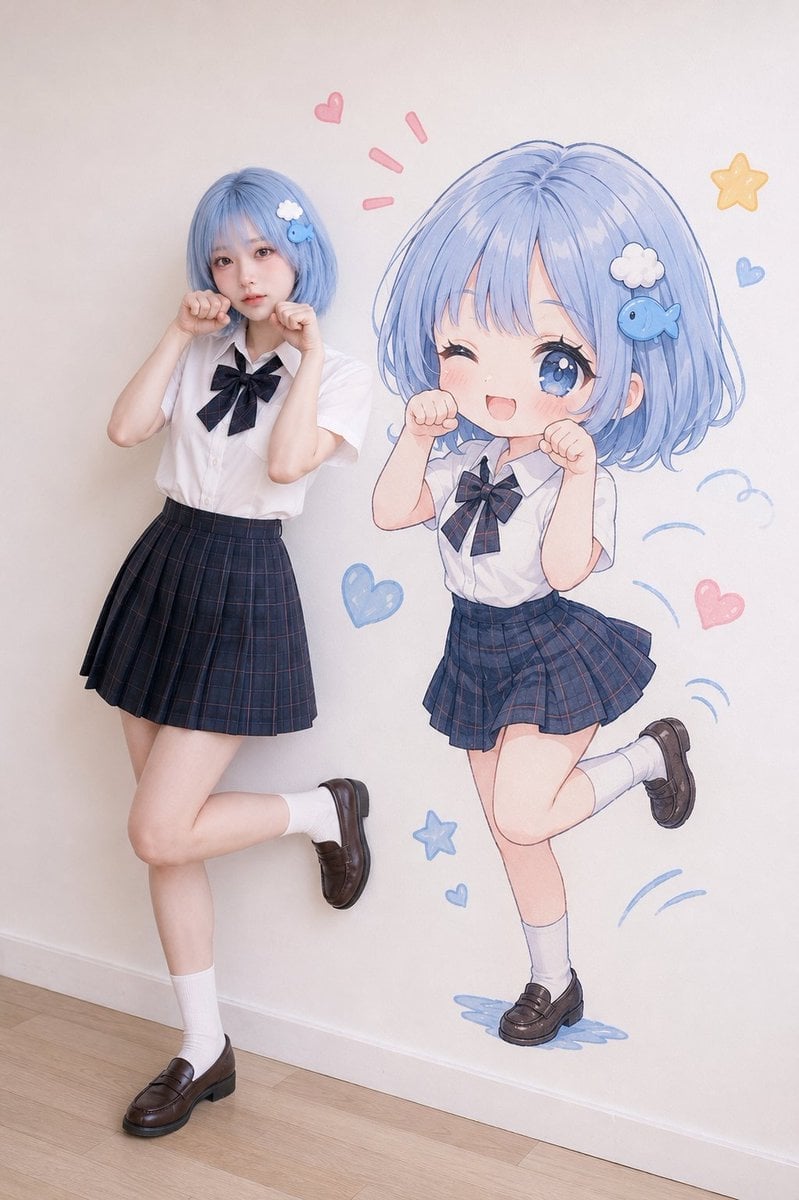 Realistic Portrait with Chibi Wall Art — AI image template example