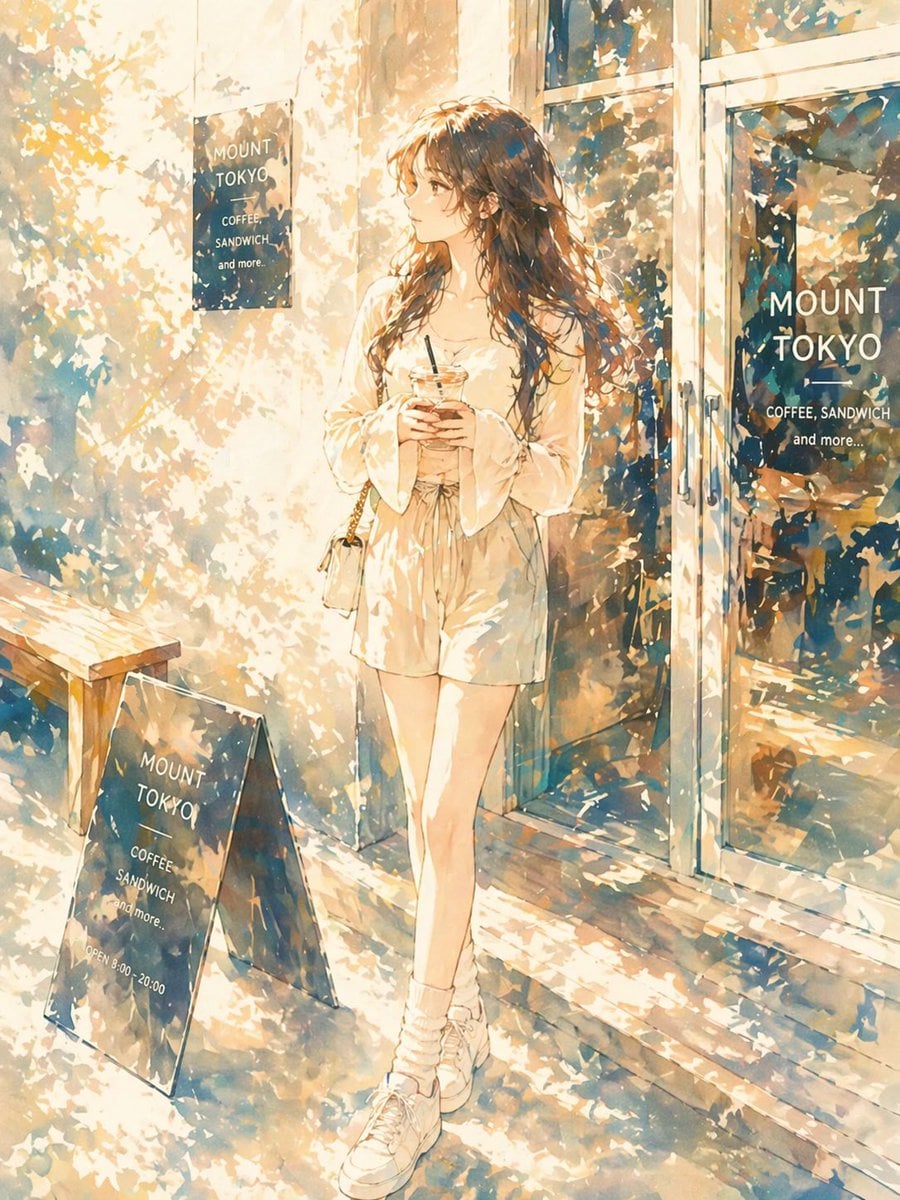Sunlit Anime Girl Outside Cafe