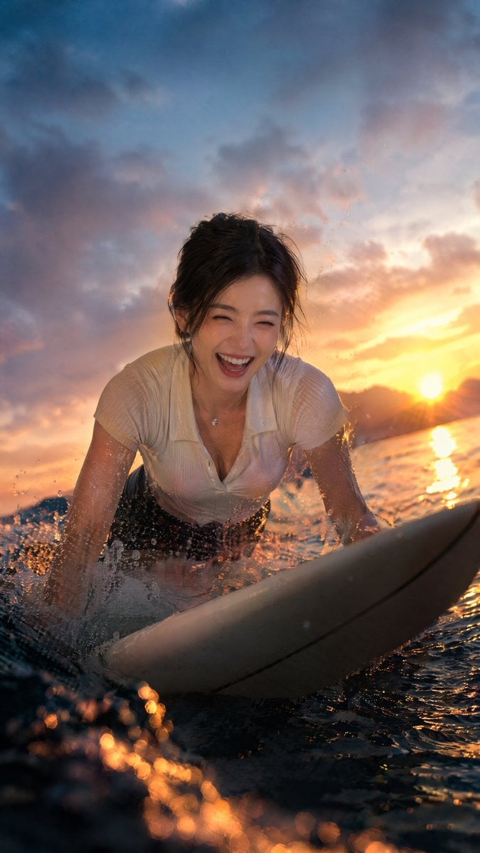 Laughing Surfer at Sunset — AI image template example