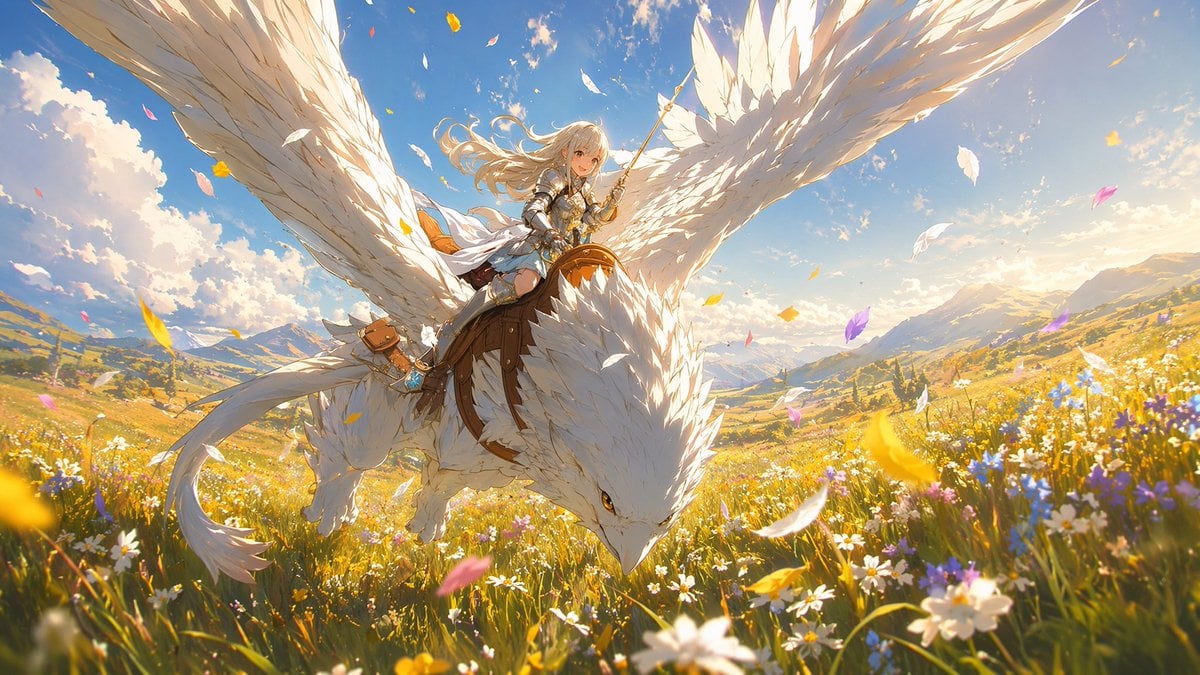 White-Haired Griffin Rider Meadow Flight