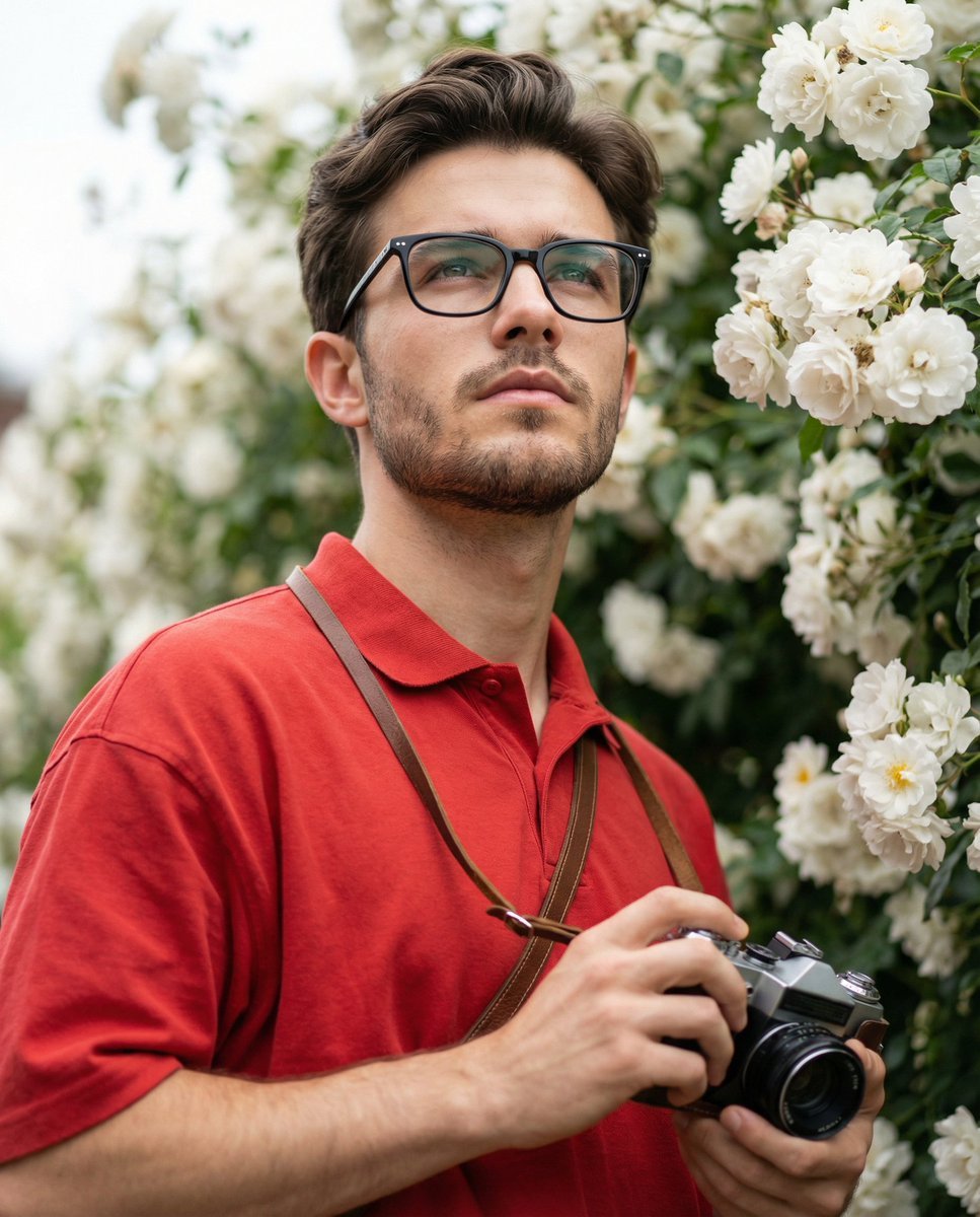 Ultra-Realistic Portrait with Vintage Camera and Flowers