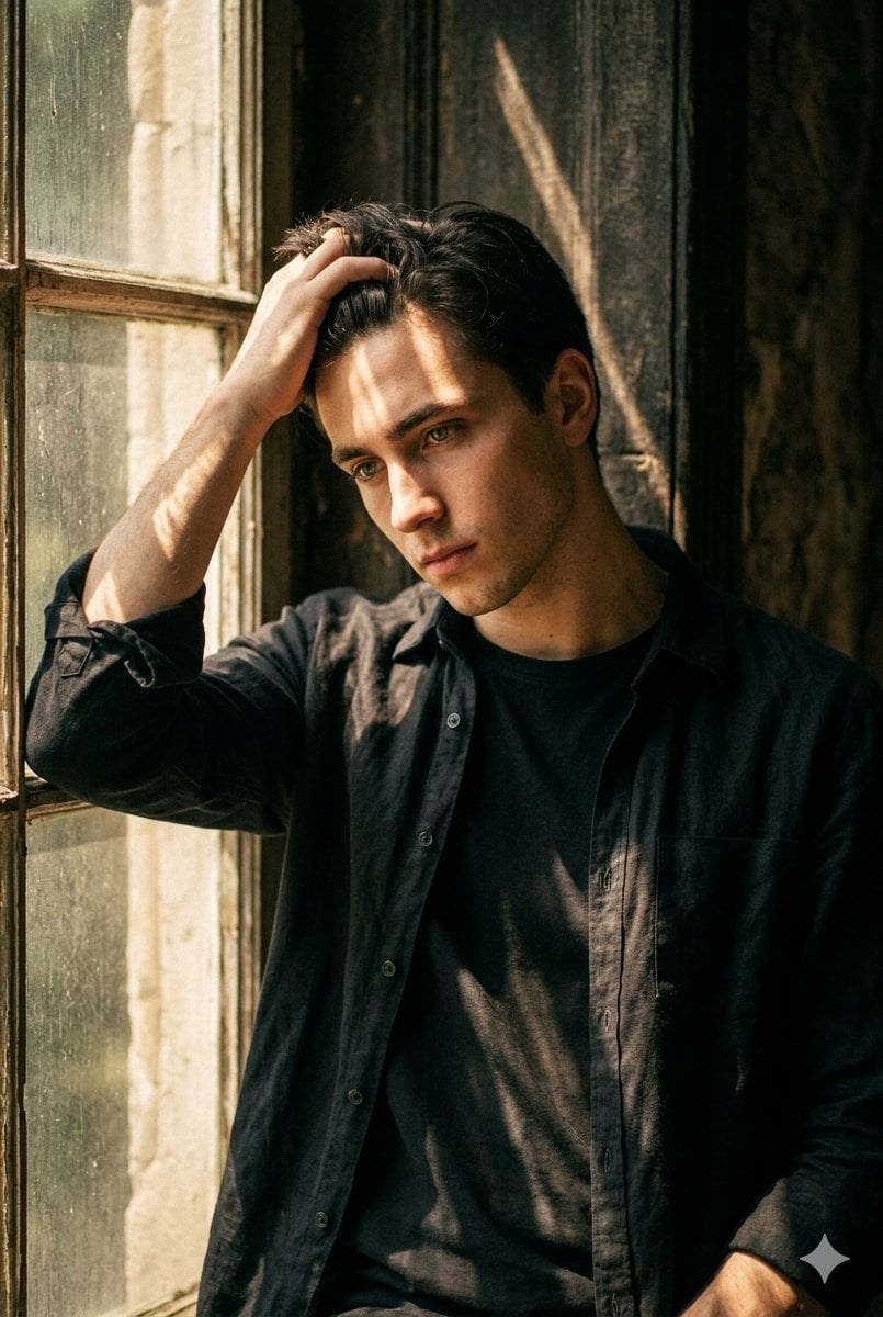 Introspective Sunlit Window Portrait — AI image template example