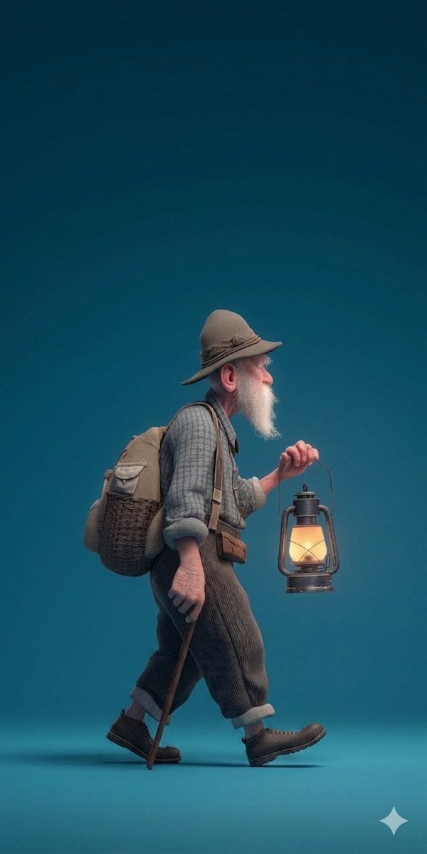 A stylized 3D rendered full-body profile portrait of an elderly male