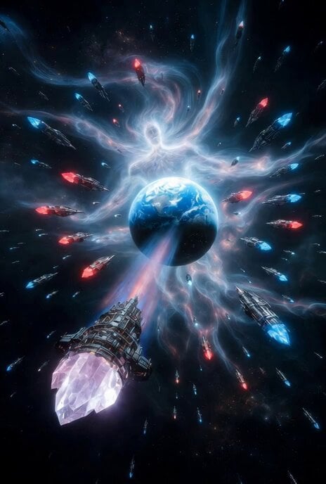 Spaceships and energy god surrounding Earth