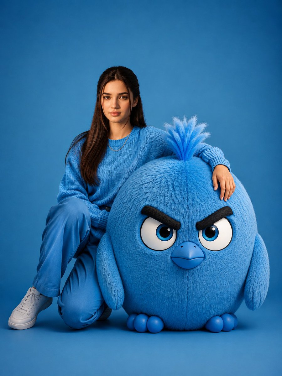 Woman With Giant Blue Angry Bird — AI image template example