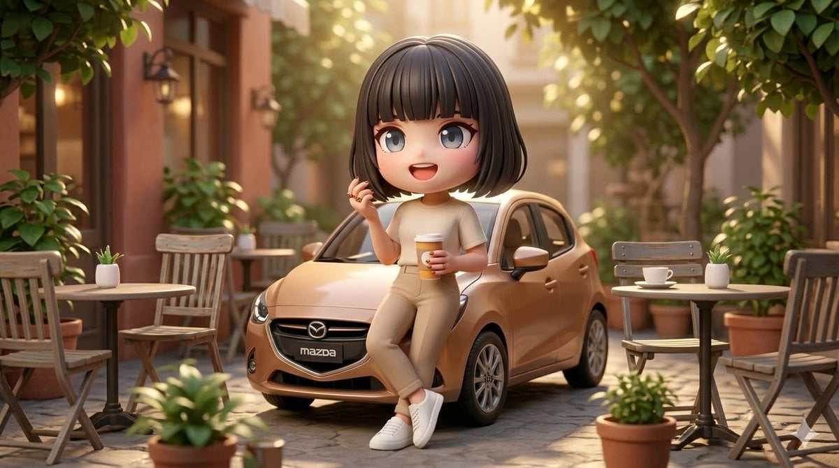 3D Stylized Woman with Mazda Hatchback