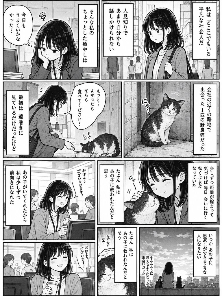 Monochrome Manga Woman and Stray Cat — AI image template example