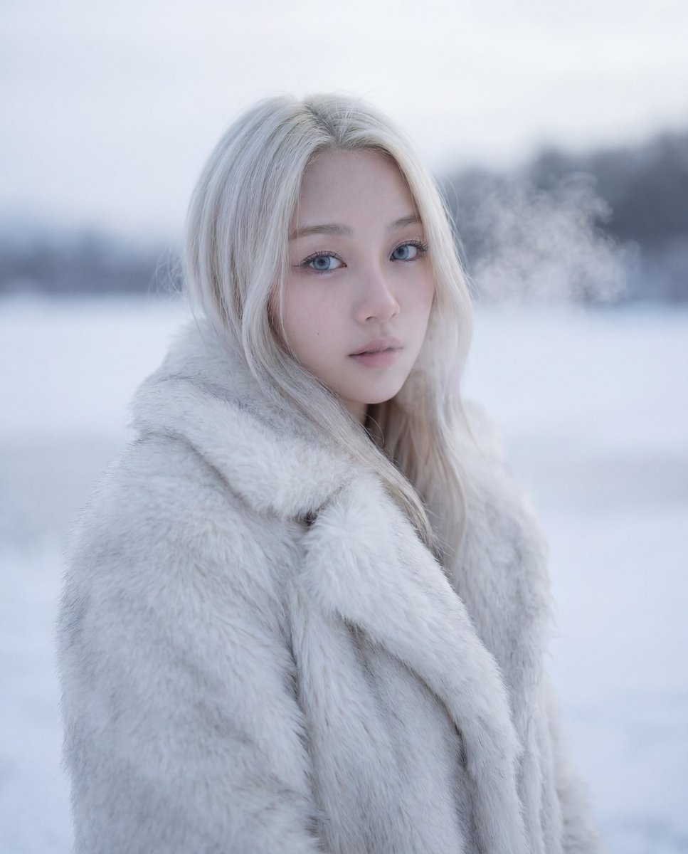 Cinematic Platinum Blonde Winter Portrait — AI image template example