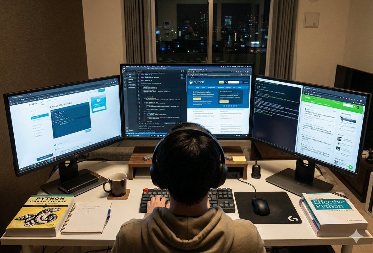 Japanese Web Engineer Studying Python Image Prompt