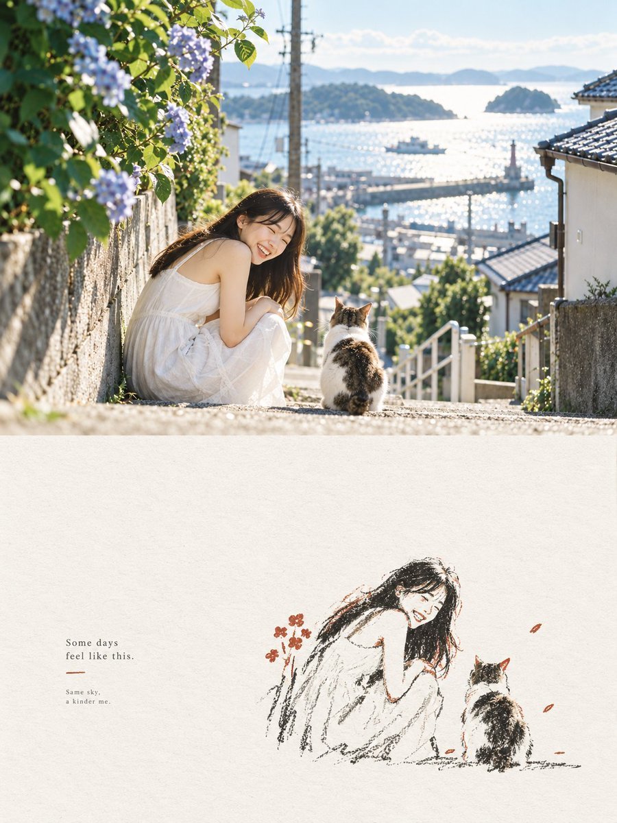 Seaside Photo and Charcoal Sketch Poster — AI image template example