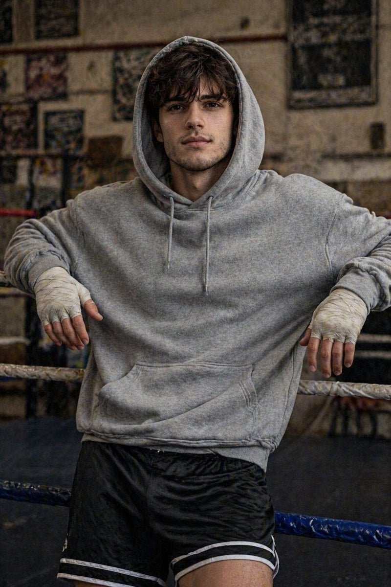 Gritty Boxer Leaning on Ring Ropes