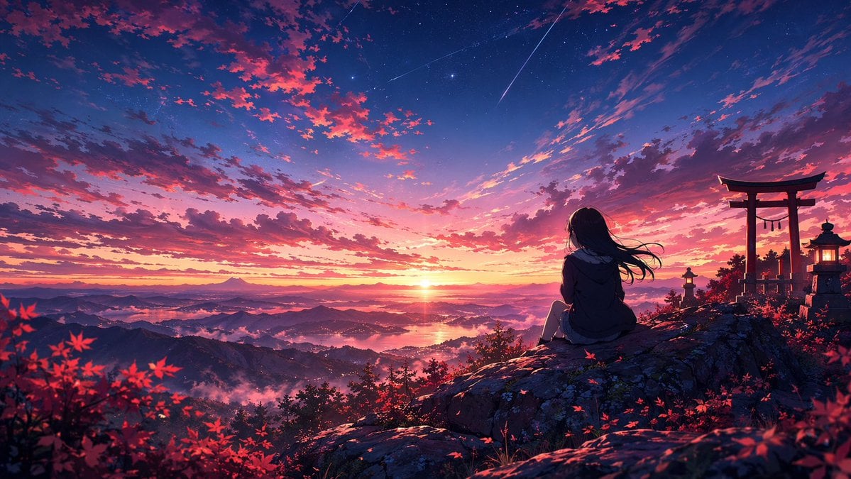 Anime Sunset Mountain Landscape