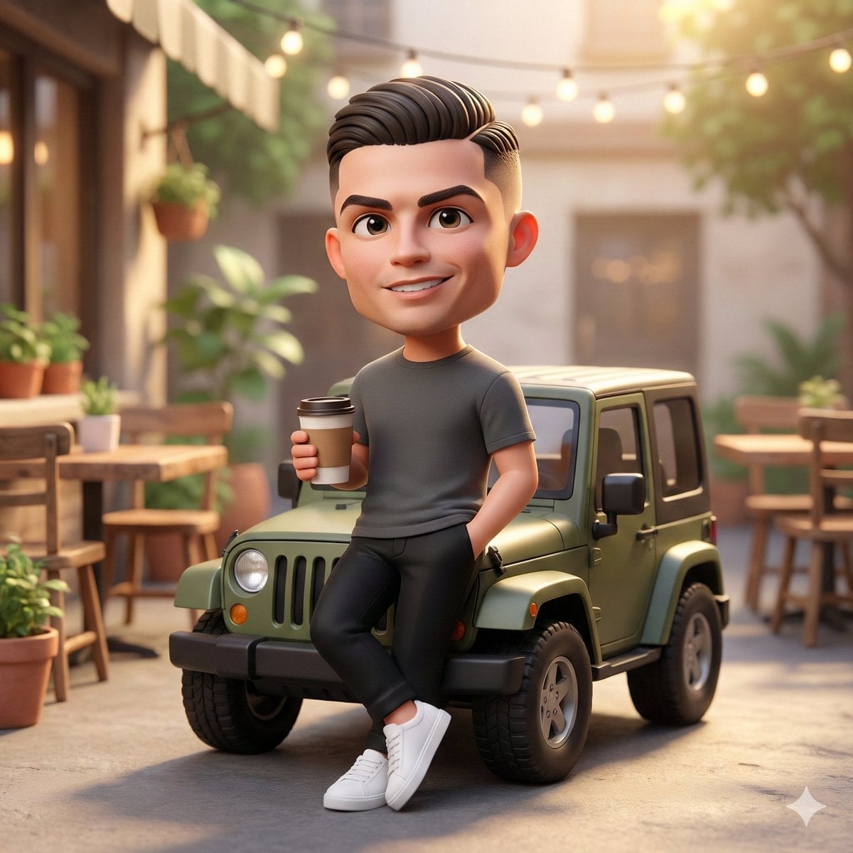 A cute 3D chibi-style character leaning against a parked mini chibi