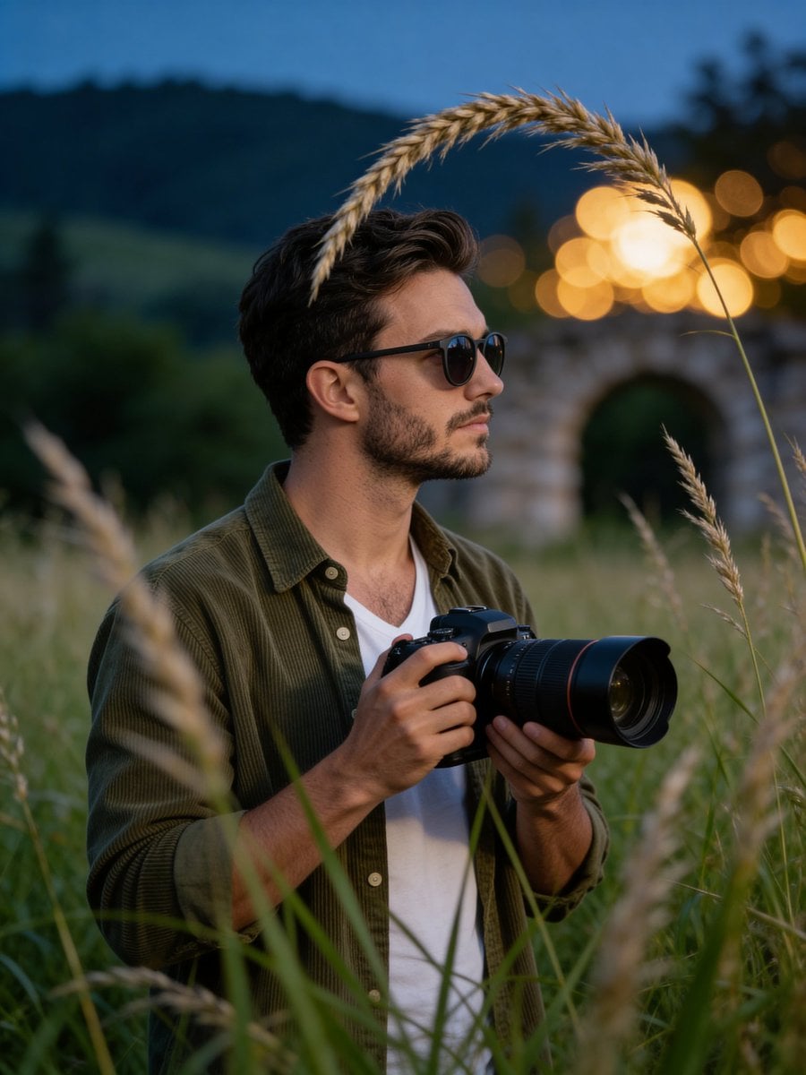 Cinematic medium shot of a young man with a trimmed beard and short