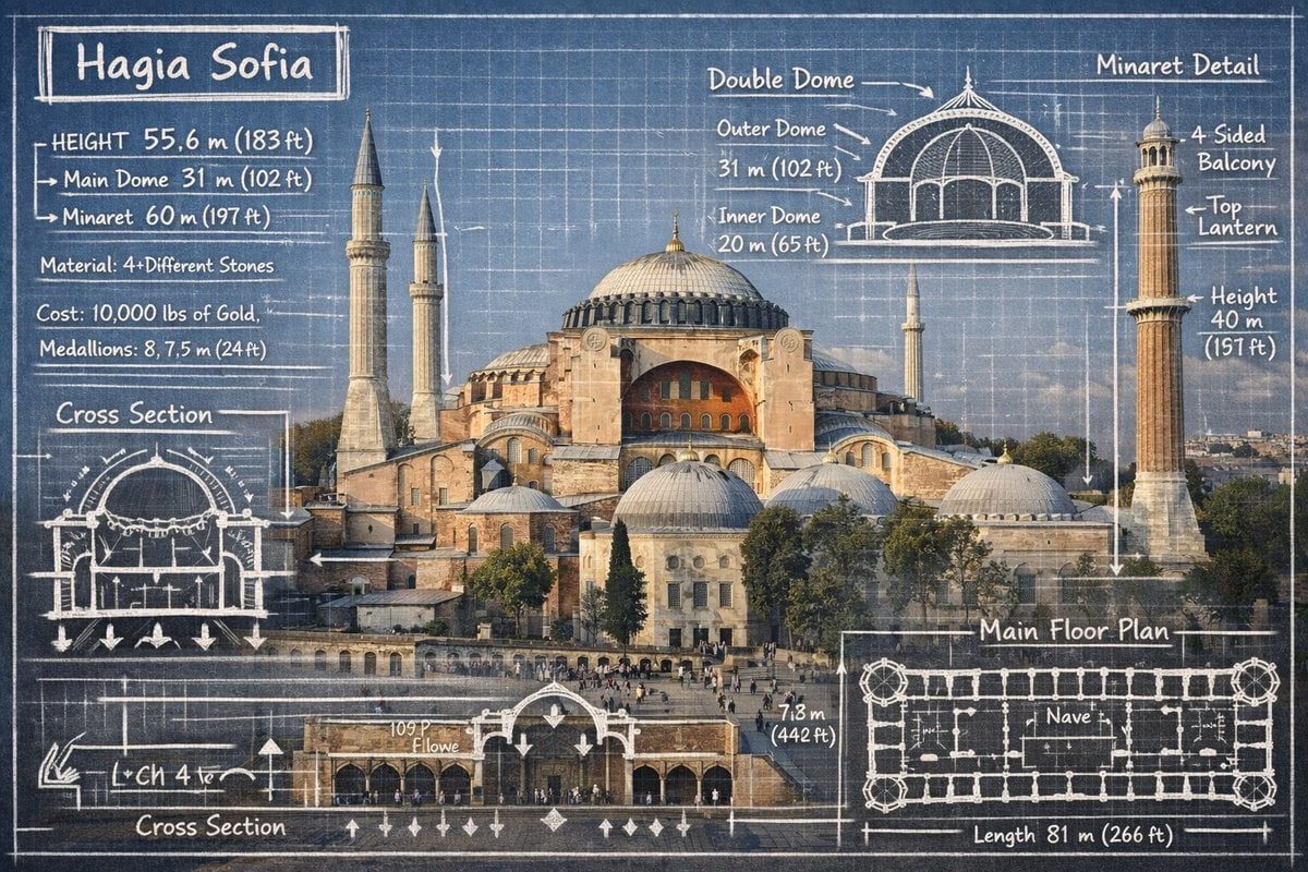 Infographic image combining a real photograph of the landmark