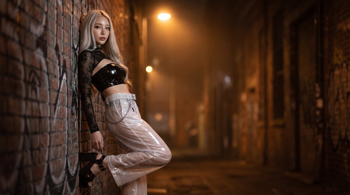 Photorealistic Alley Fashion Editorial — AI image template example