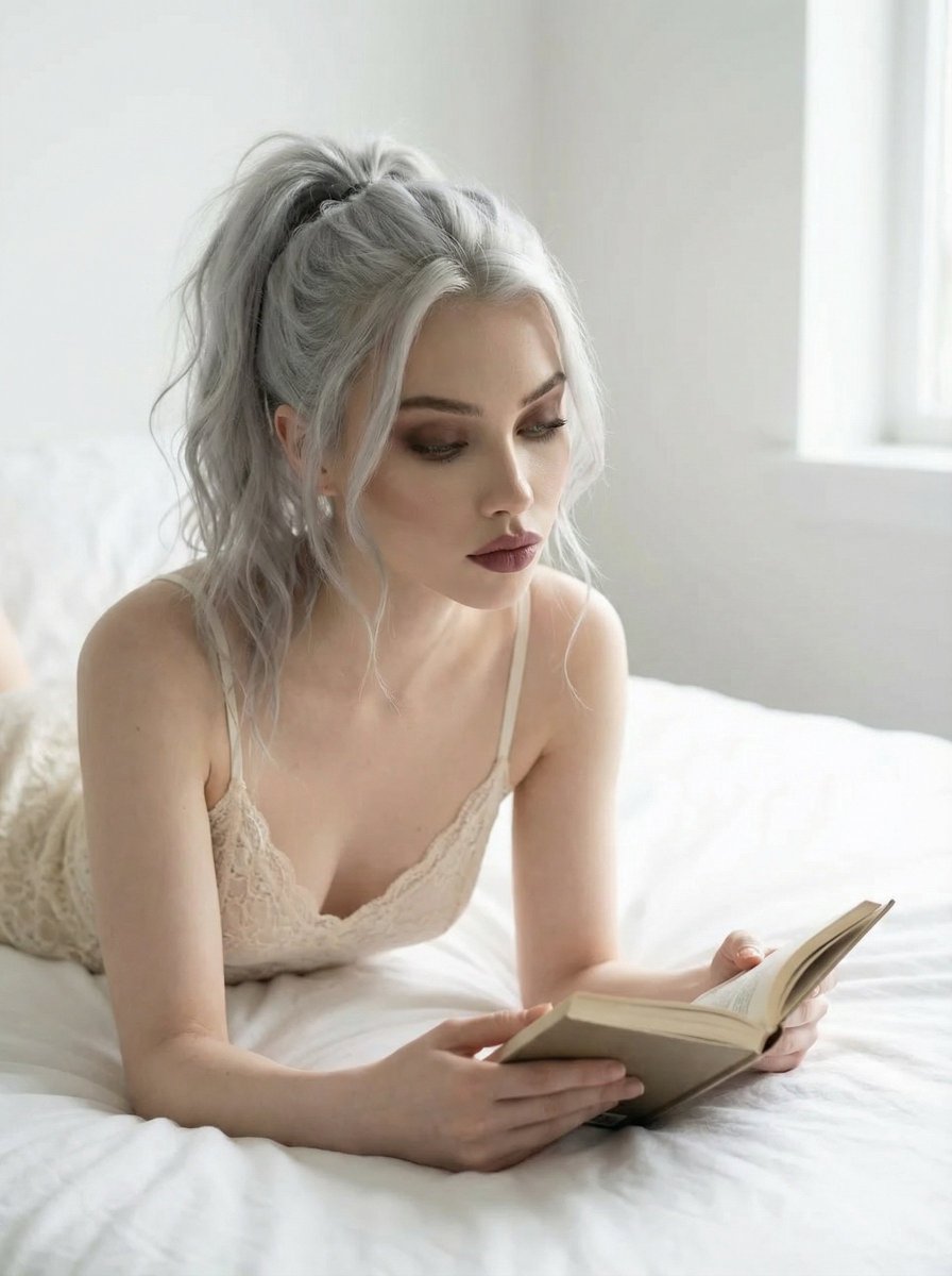 Editorial Portrait of Woman Reading on White Bed