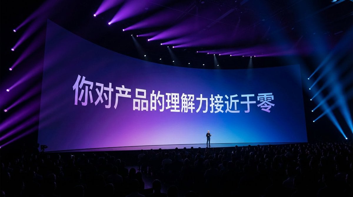 Apple keynote-style event scene from text