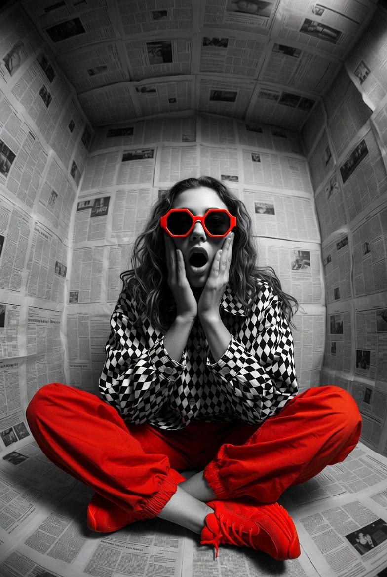 Hyper-realistic editorial photo shot at eye level with a 12mm ultra-wide