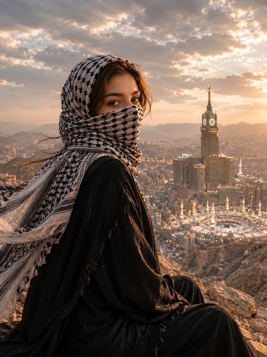 Muslim Woman Overlooking Mecca — AI image template example