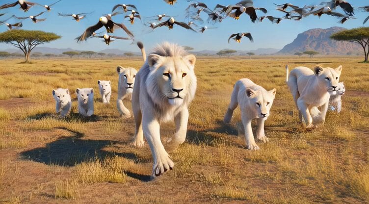 Grok Imagine prompt: Epic wildlife scene with eagles, lions, and a pig hunt