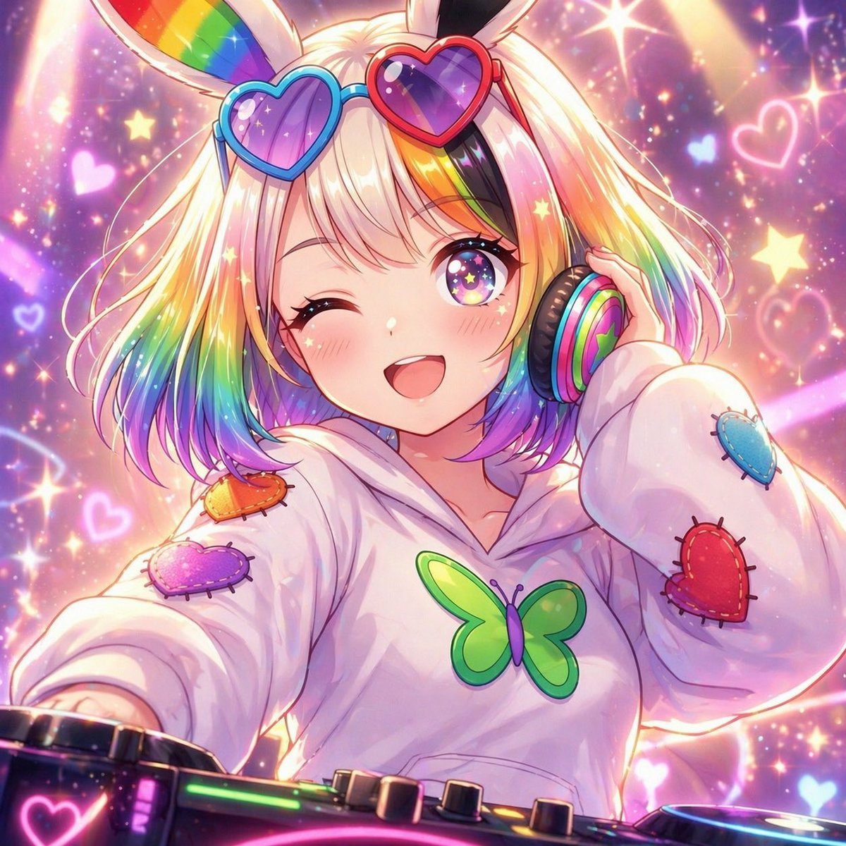 Rainbow Bunny DJ Anime Portrait