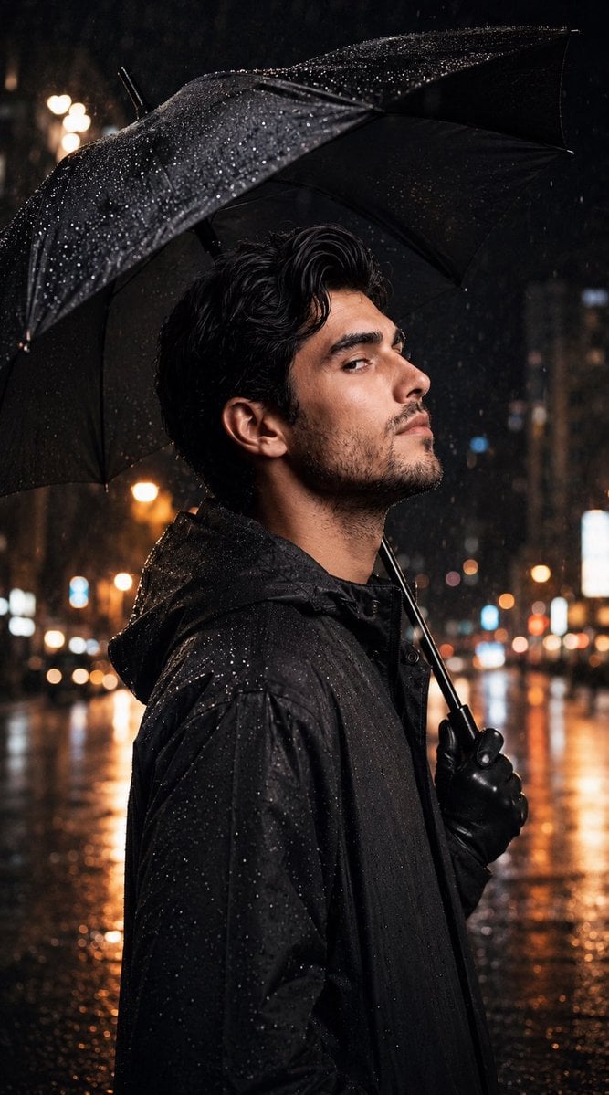 Neo-Noir Cinematic Rain Portrait — AI image template example