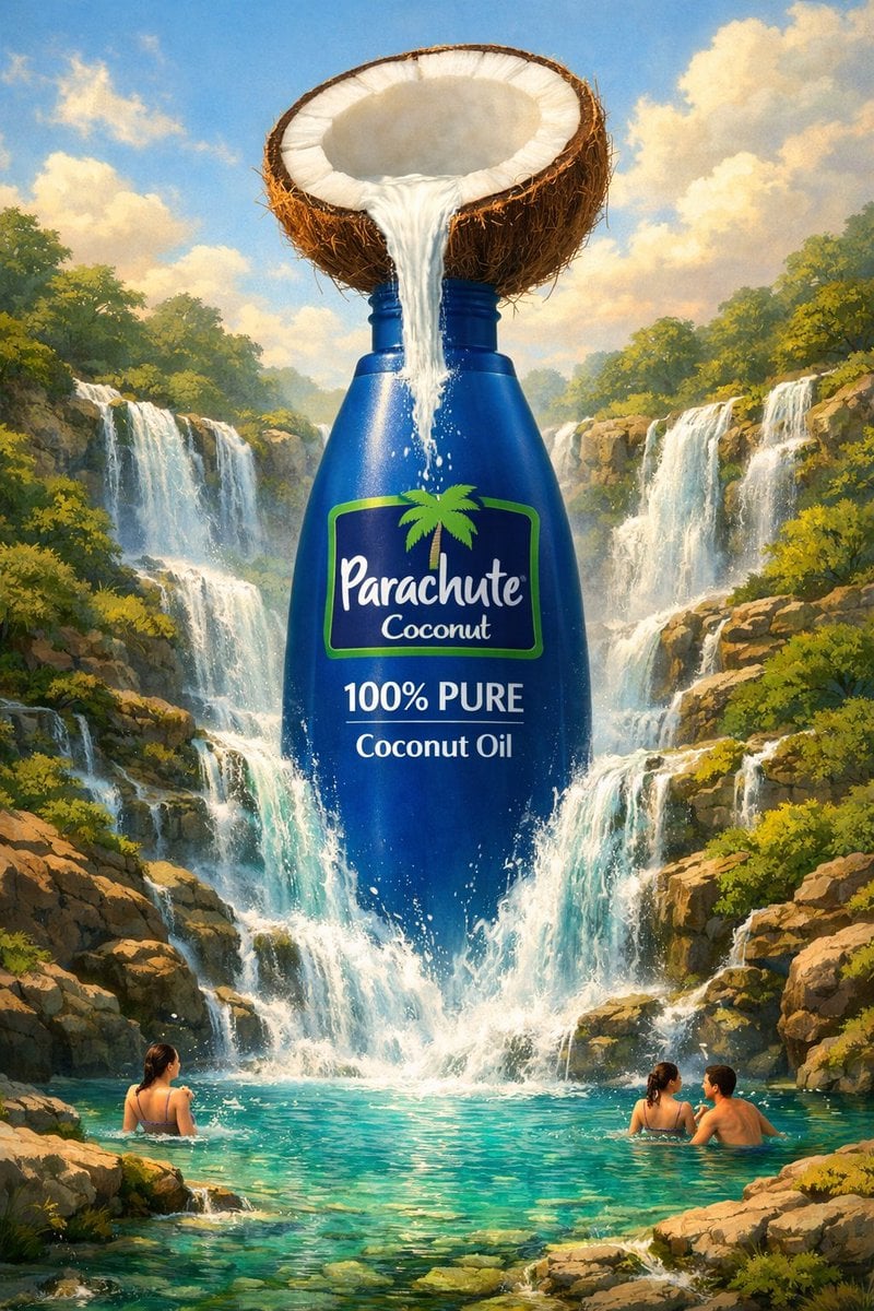 Surreal premium commercial illustration featuring the product bottle