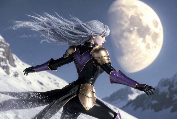 Silver-Haired Girl Dancing on Snowy Mountain Ridge