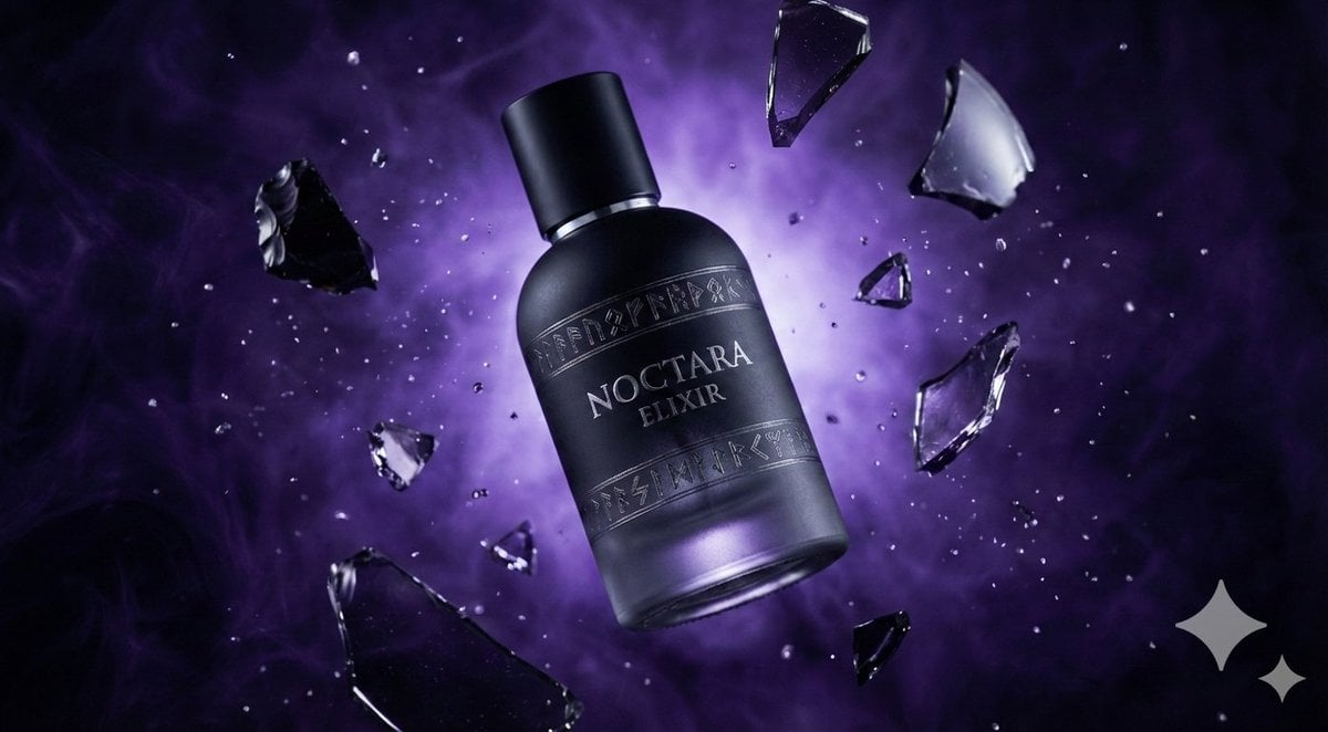 Matte Black Elixir Bottle with Purple Smoke Background