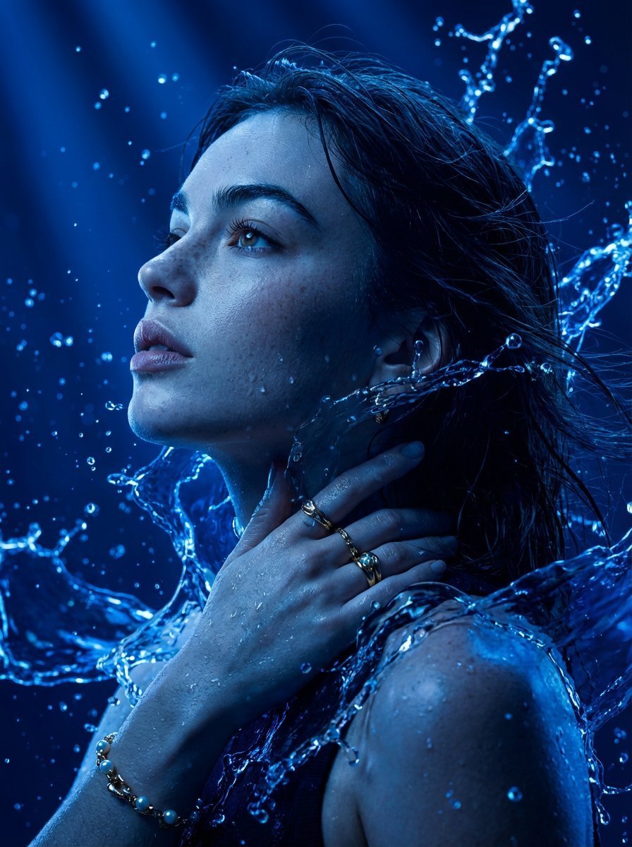 Cinematic Portrait Drenched in Electric Blue Water Splashes