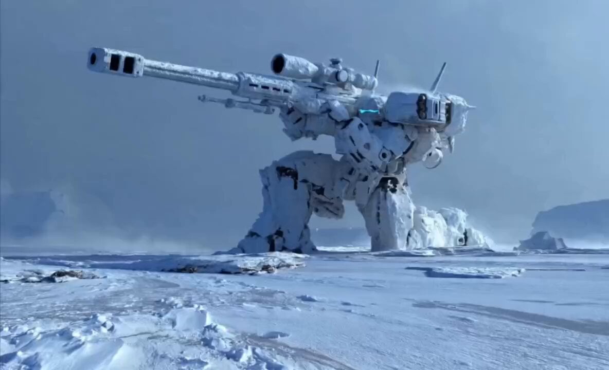 Cinematic Mecha Sniper in Arctic Tundra