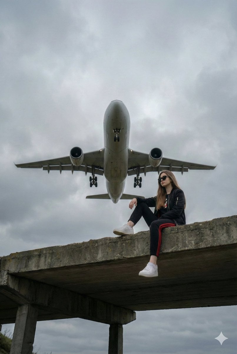 Surreal Low-Angle Portrait with Low-Flying Airplane Prompt