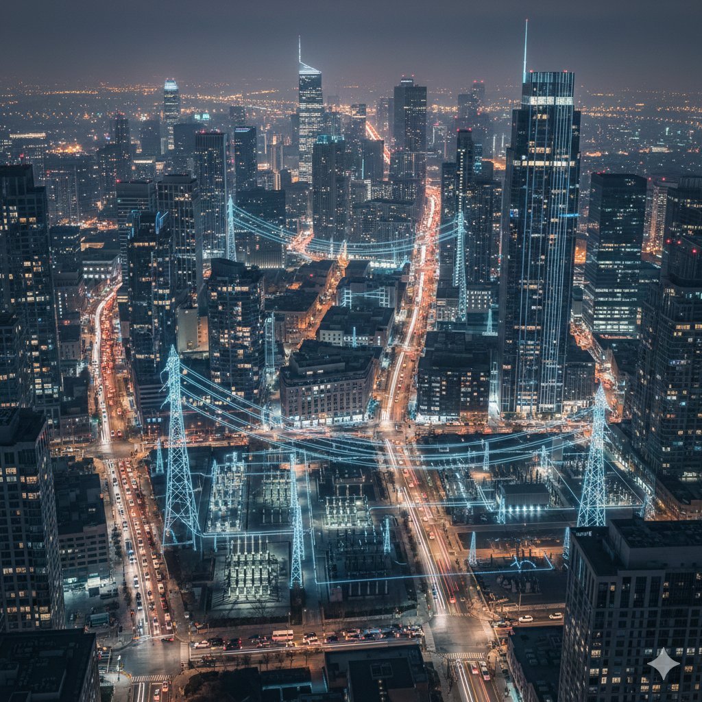 Cinematic Night City with Visible Power Grid