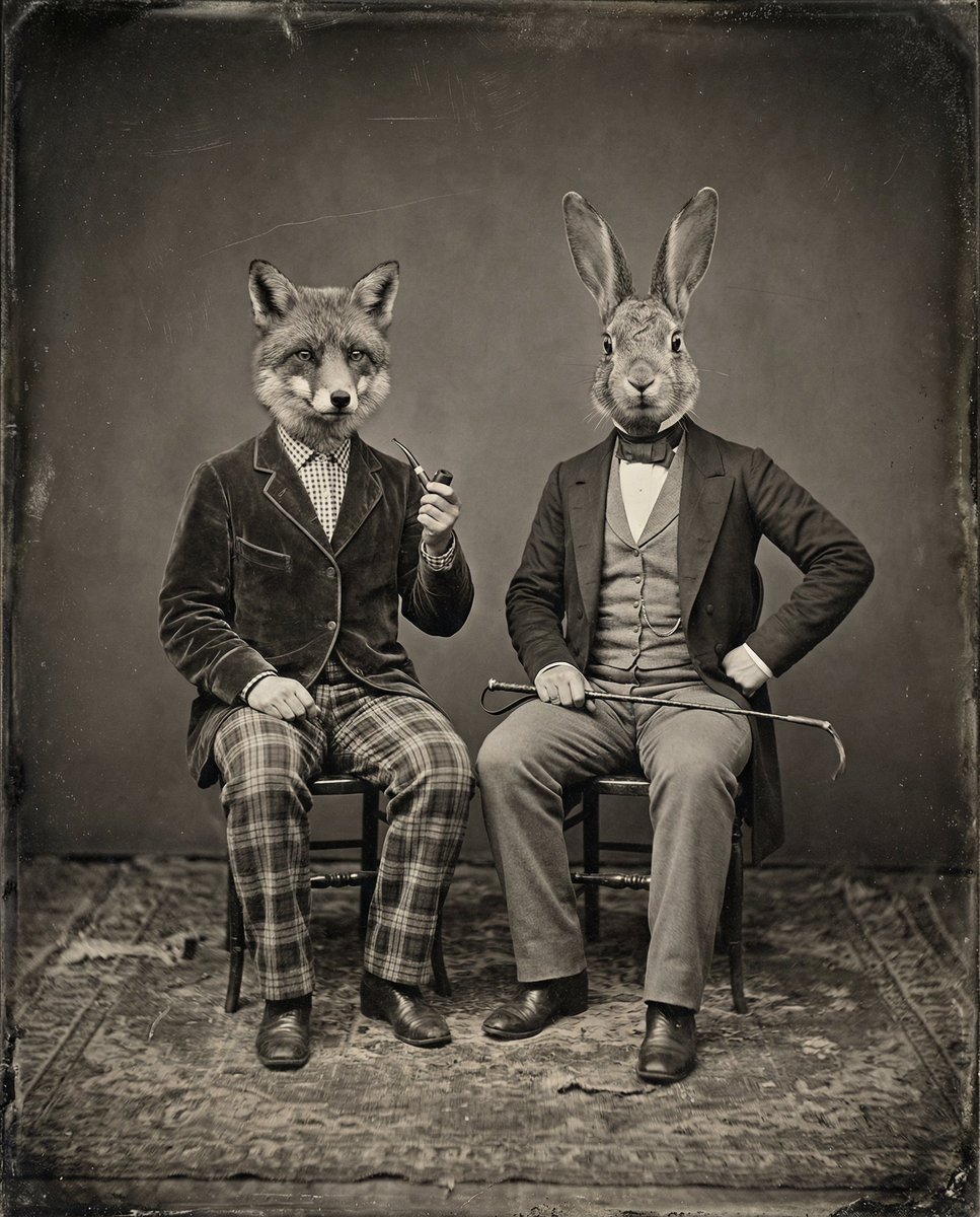 Vintage Sepia-Toned Portrait with Animal Heads
