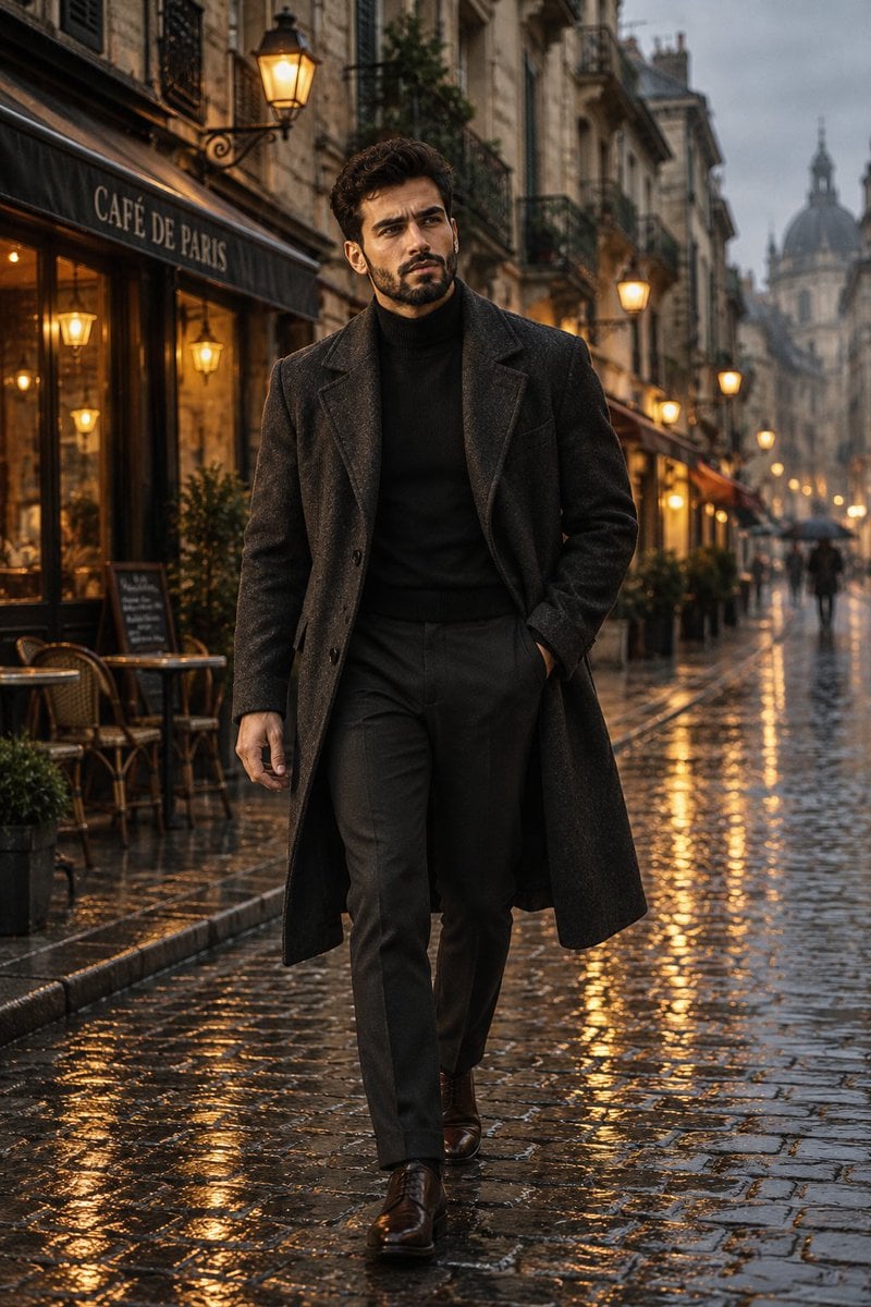 Cinematic Rainy European Street Portrait — AI image template example