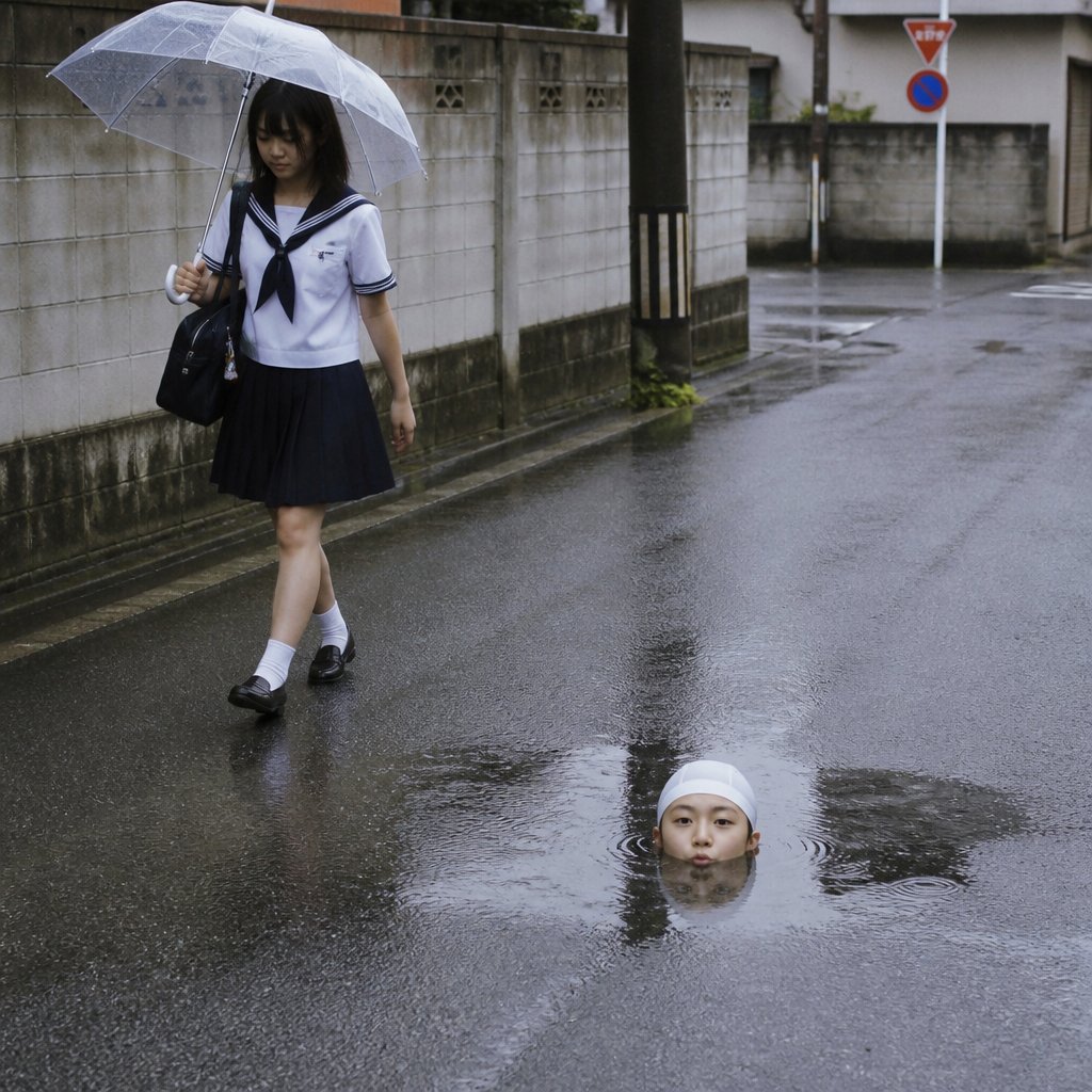 Rainy Street Schoolgirl and Puddle Head — AI image template example