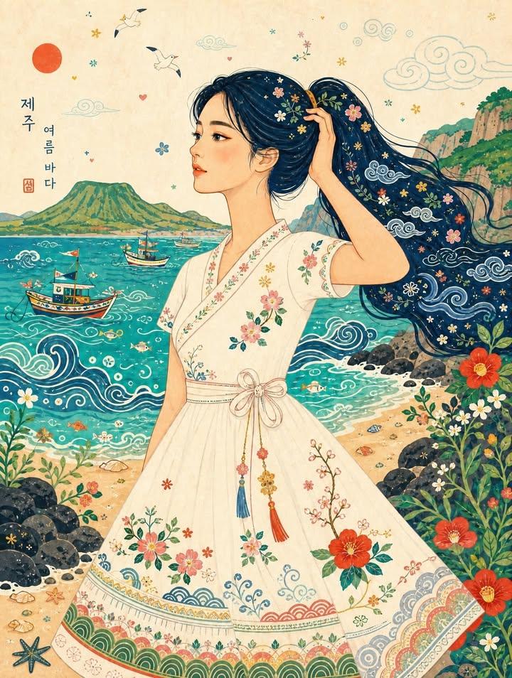 Jeju Island Naive Folk-Art Illustration — AI image template example