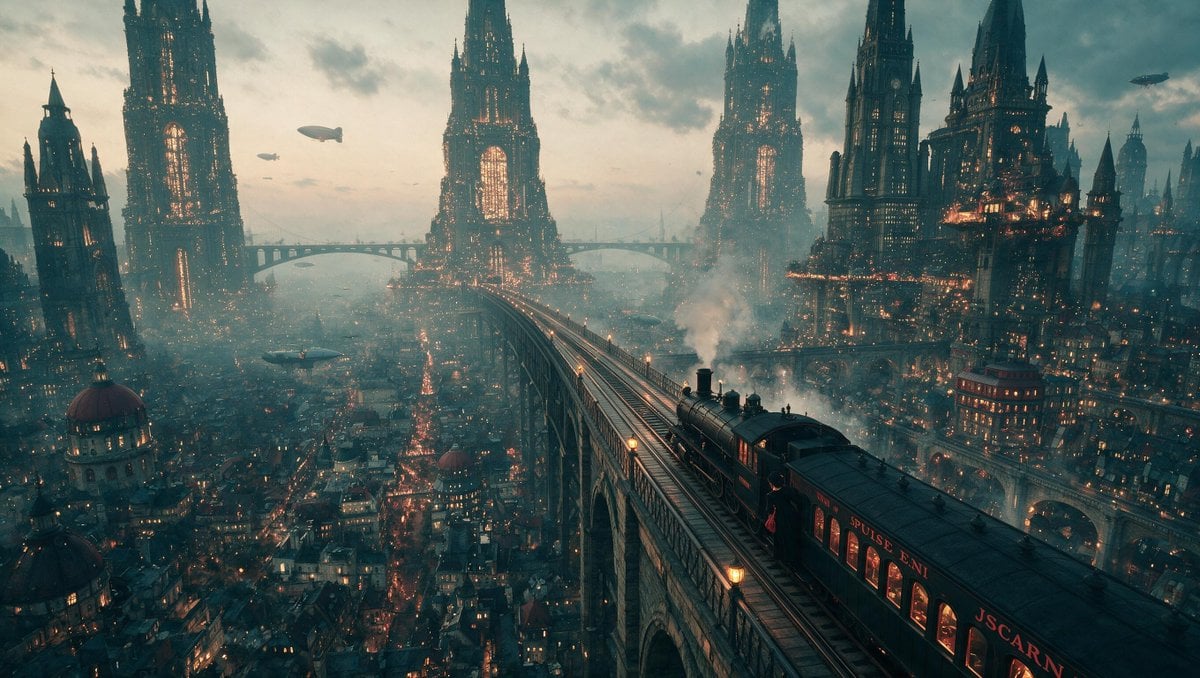 High-Angle Steampunk City Train View — AI image template example