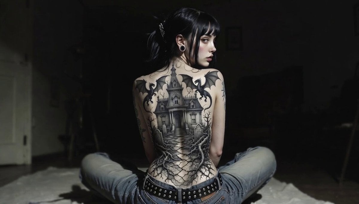Gothic Mansion Back Tattoo