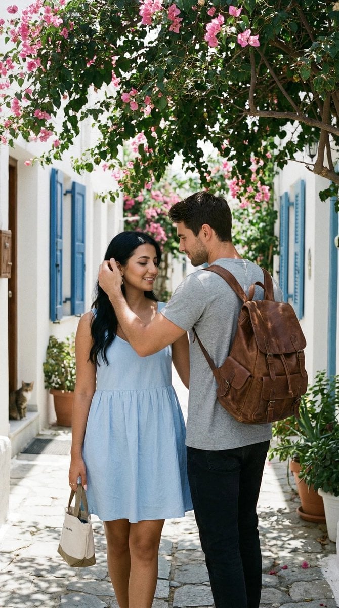 Ultra-Photorealistic Candid Travel Romance Scene: Aegean Stone Street