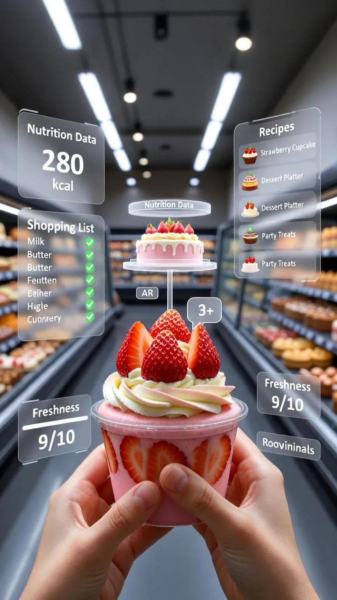 A first-person point-of-view POV shot inside a modern supermarket aisle