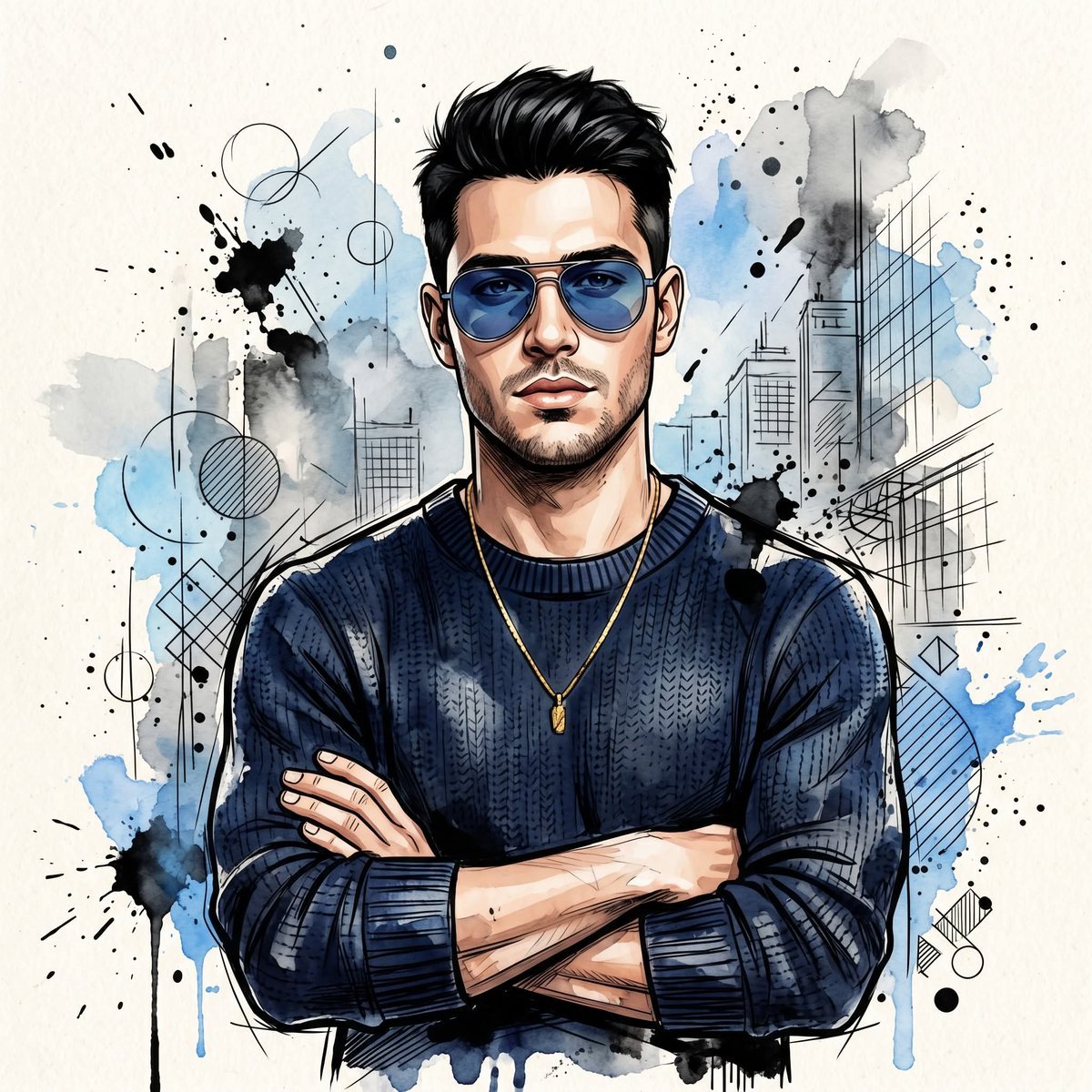 Watercolor Man Portrait with City Skyline