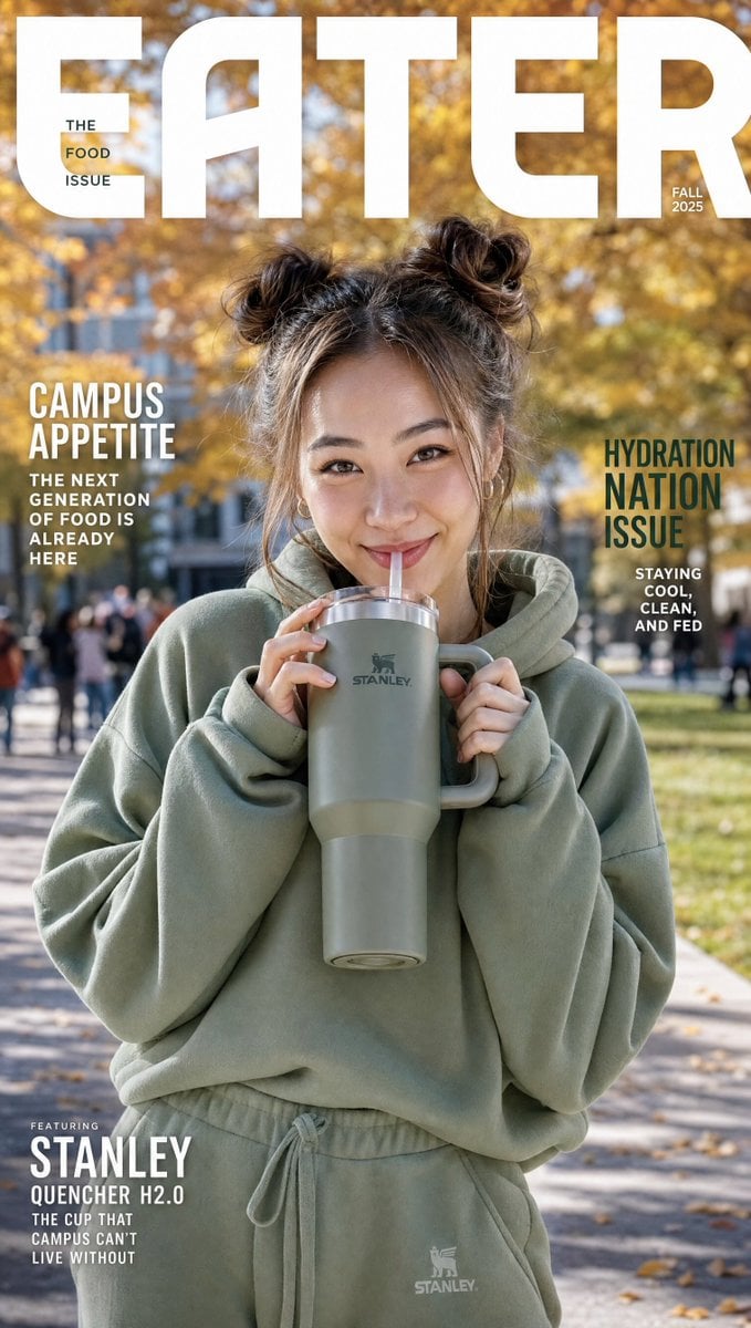 Korean Woman Stanley Tumbler Magazine Cover — AI image template example