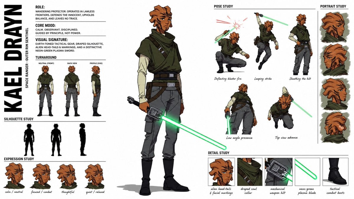 High-Fashion Anime Character Concept Sheet — AI image template example
