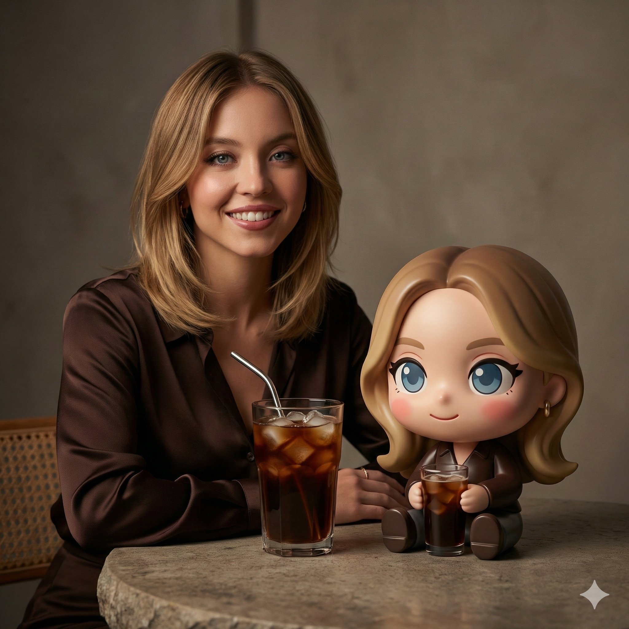 A cinematic studio portrait of a woman seated at a textured stone table — AI image template example