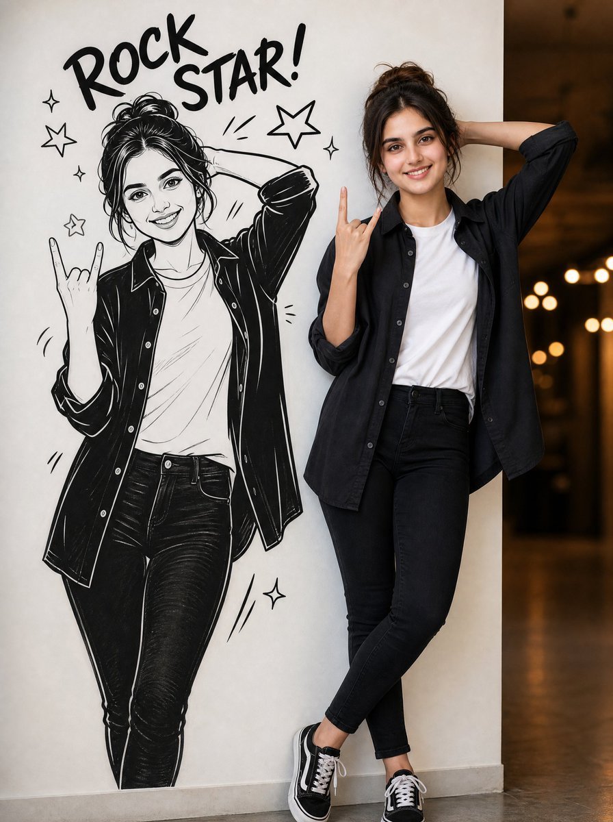 Real Woman and Line Art Cartoon Comparison — AI image template example