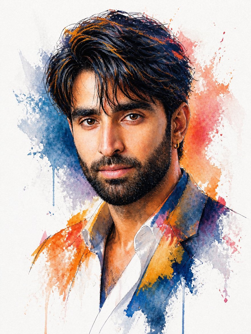 Watercolor Mixed-Media Male Portrait — AI image template example