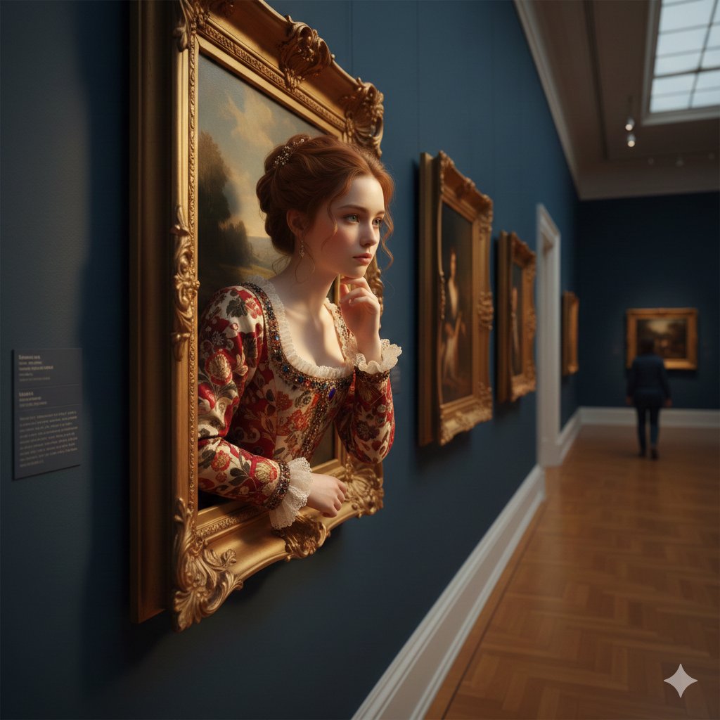 A surreal, ultra-realistic scene of a young woman emerging — AI image template example