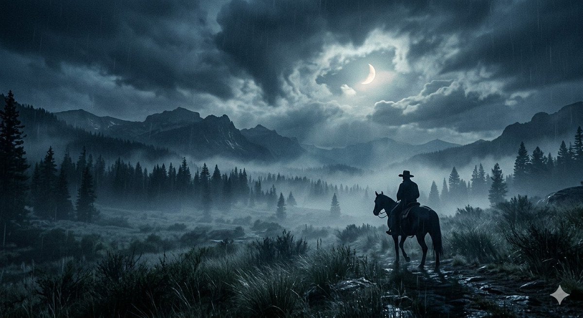 Lone Cowboy Moonlit Misty Night — AI image template example